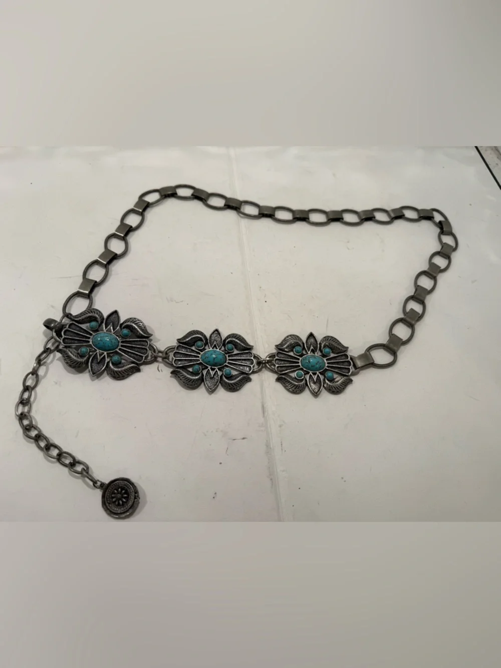 Silver Turquoise Concho Belt Boho Gypsy Western Chain Belt Festival